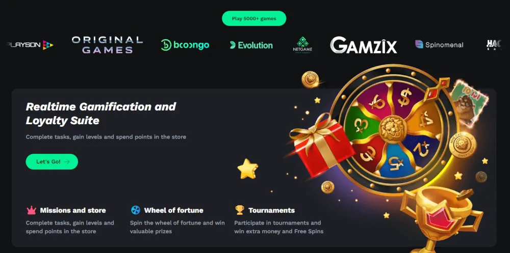 Lojalnościowy pakiet Bet On Red z interaktywnym kołem fortuny i misjami nagród.